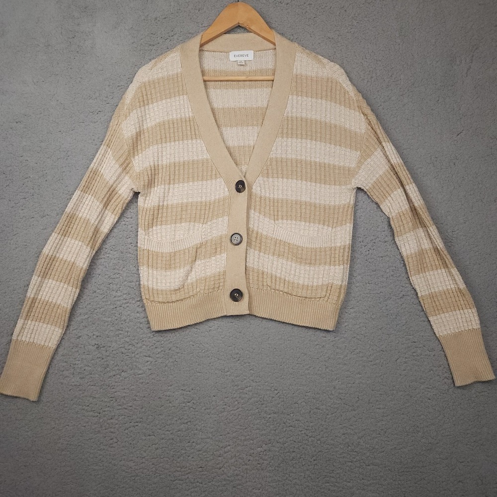Evereve Cardigan‎ Womens XS Kiki Sweater Striped Oatmeal and Beige